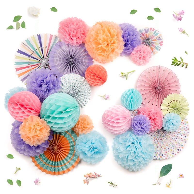 PapaKit Deluxe Origami Large Wall Decoration Set (Assorted Paper Fans & Pom-poms) Birthday Party Baby Shower Wedding Events Decor | Creative Art Design Pattern (Festive Colors, Deluxe 26 Piece Set) - Image 1